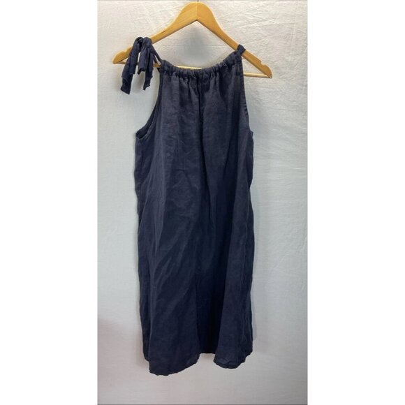 Bellambia Navy Blue Linen Dress Size S Made in Italy Tie Neck Lagenlook - Picture 2 of 9